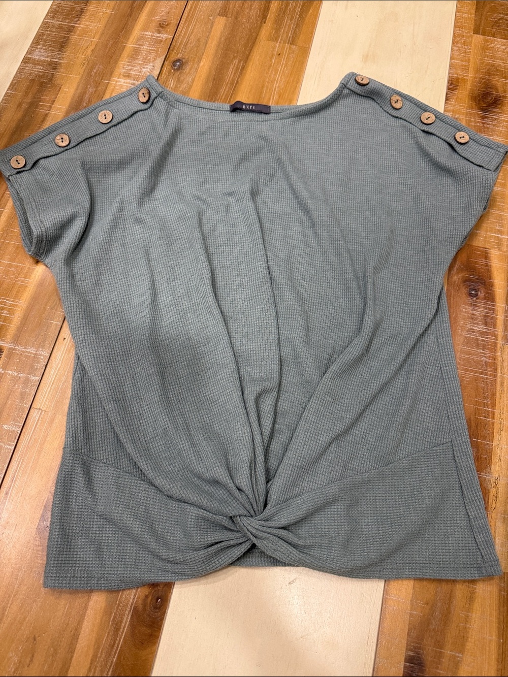 Waffle-Knit Button-Shoulder Twist Hem Short Sleeve Top - Sage Green